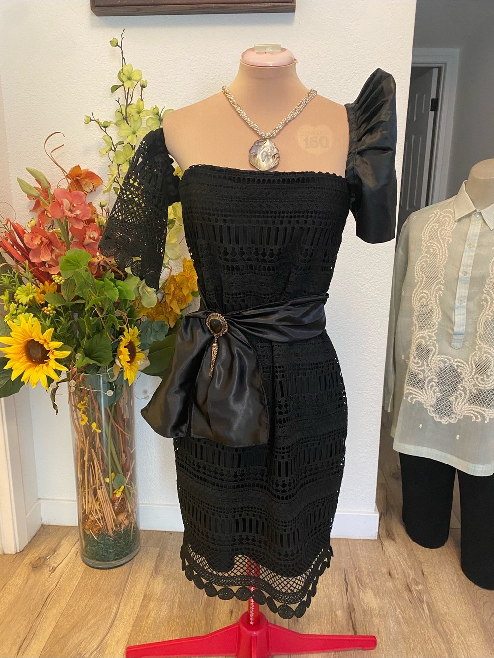 Filipiniana Elegant Black Lace One-Shoulder Dress L with or without Satin Belt